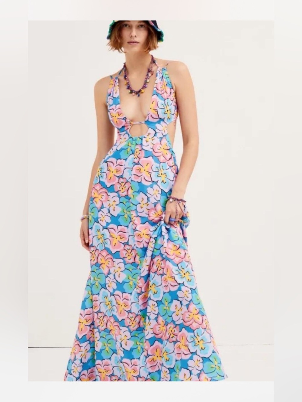 For Love & Lemons “Yasmin” Floral Halter Cutout Maxi Dress